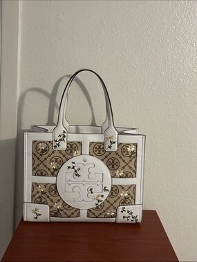 Tory Burch White Trim Floral Logo Canvas Tote